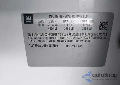 2015 Chevrolet Malibu 1Lz z USA, uszkodzony, nr VIN 1G11F5SL4FF185692